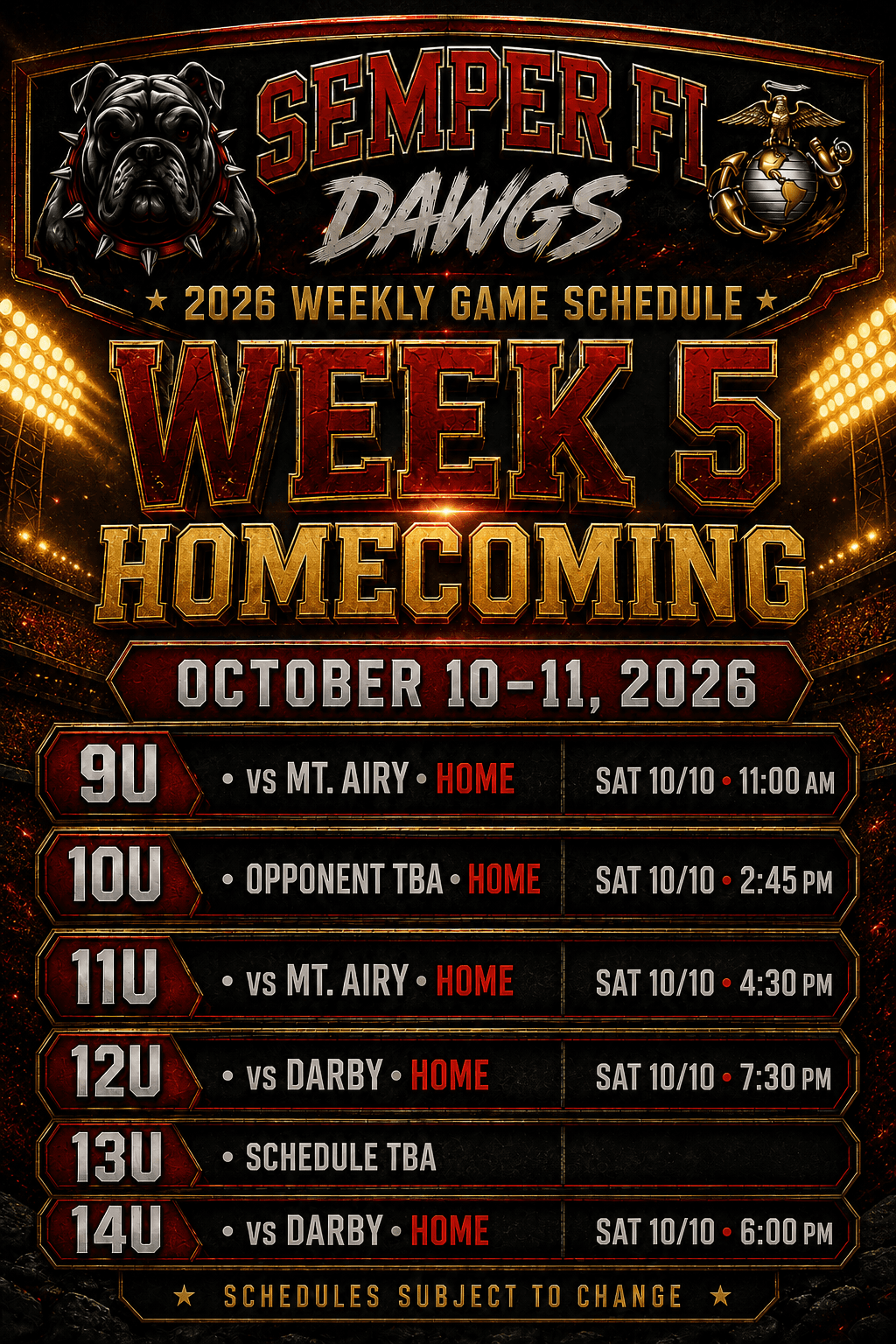 Semper Fi Dawgs 2026 Week 5 premium schedule card